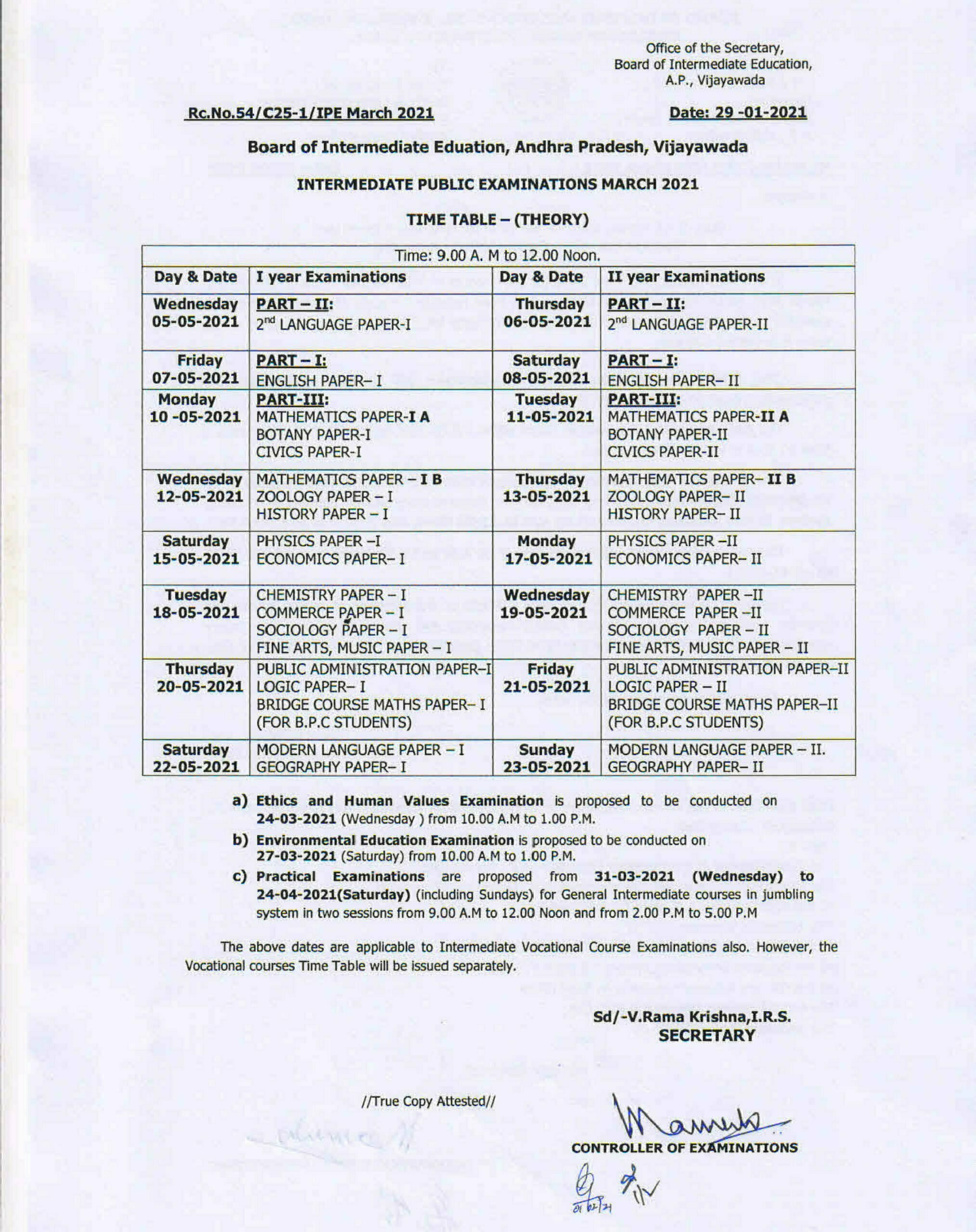 AP Intermediate Time Table 2021