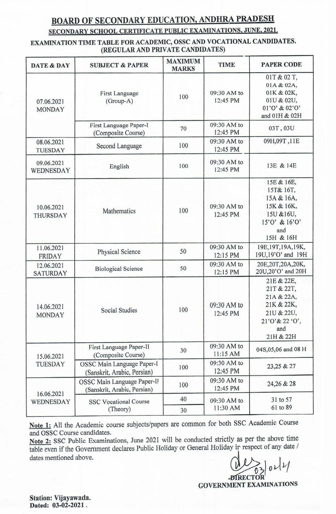 AP SSC Time Table 2021