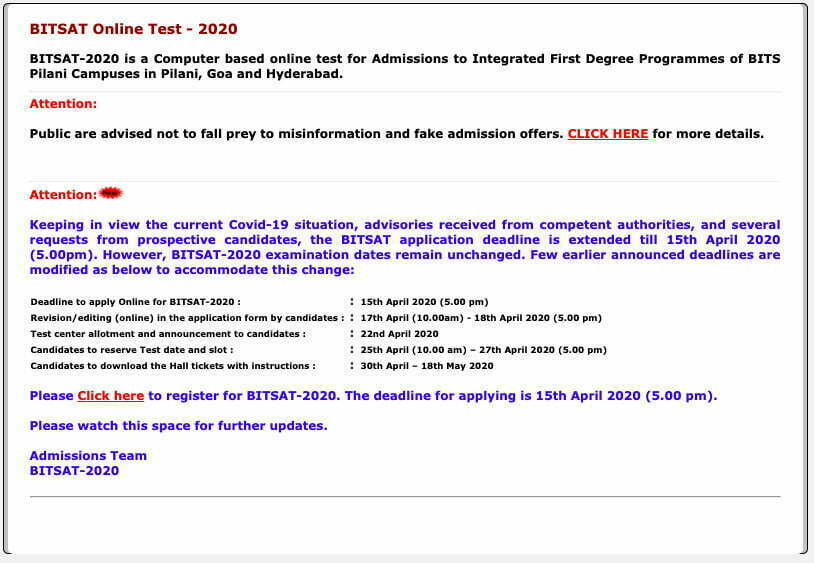 BITSAT 2020 Last Date to Apply Extended