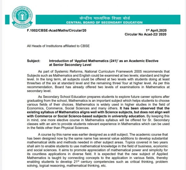 CBSE introduces 'Applied Mathematics' as Elective
