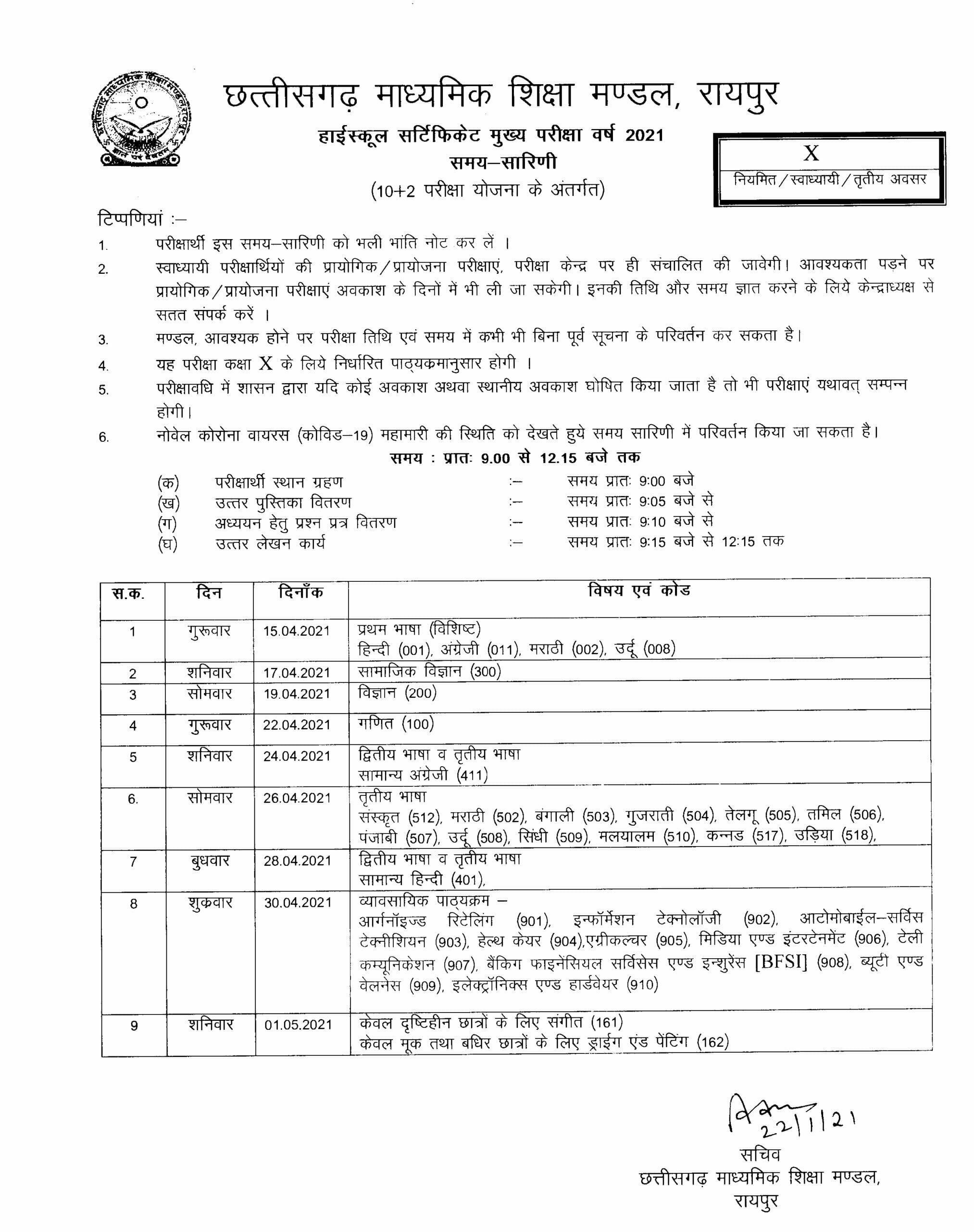 CGBSE 10th Time Table 2021