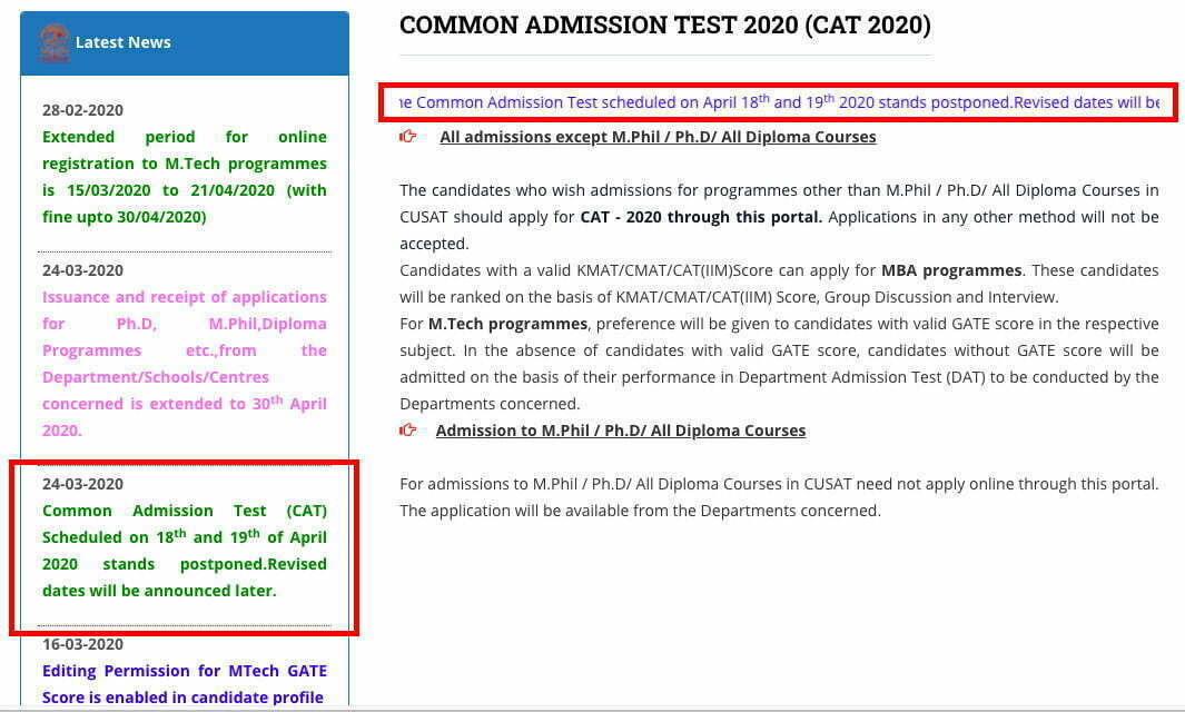 CUSAT 2020 Postponed