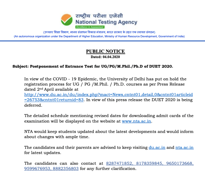 Delhi University Entrance Test 2020 (DUET) Postponed