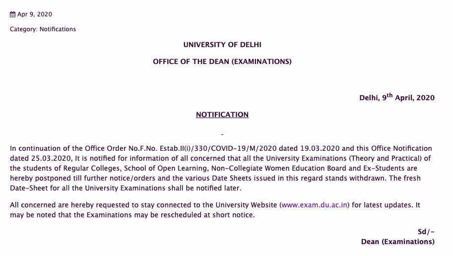 Delhi University Postpones 2020 May June Semester Exams