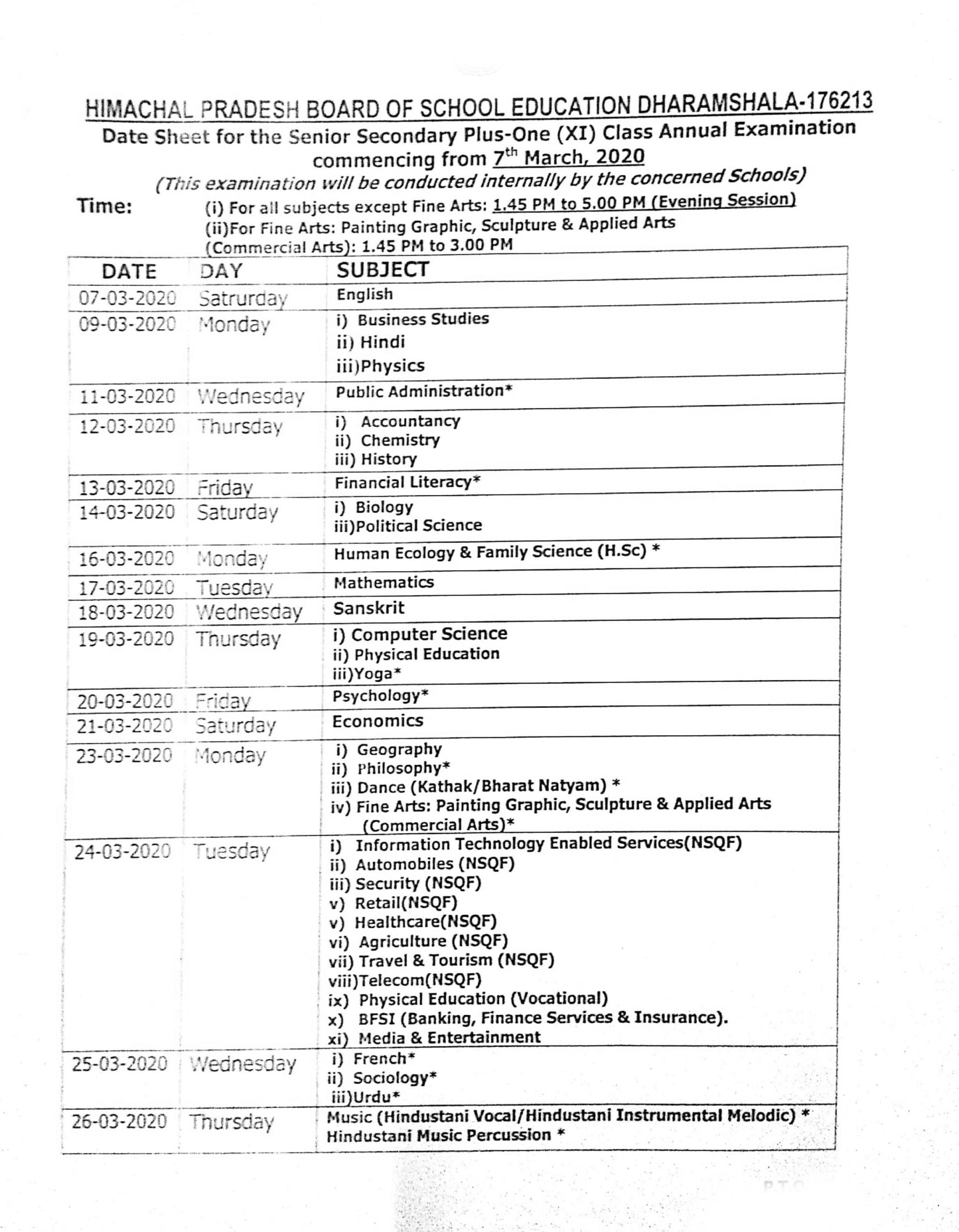 HPBOSE 11th Date Sheet 2020