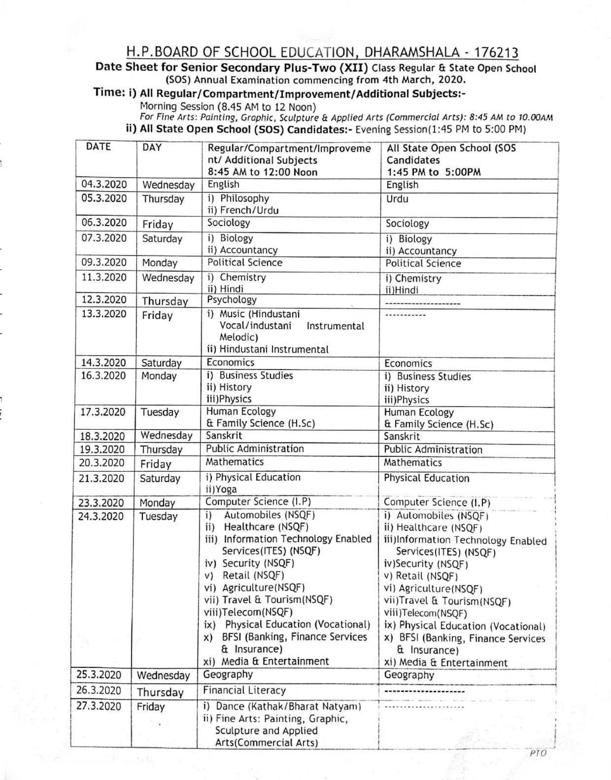 HPBOSE 12th Date Sheet 2020