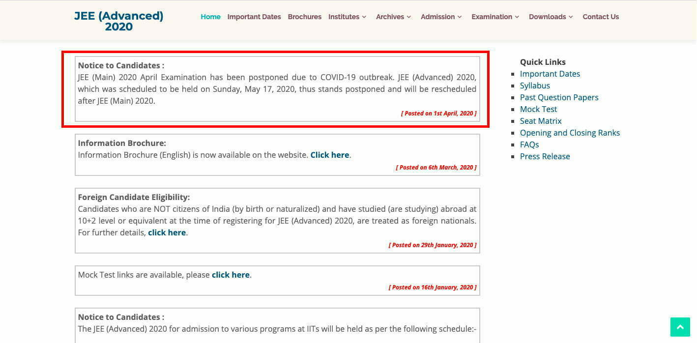 JEE Advanced 2020 Postponed