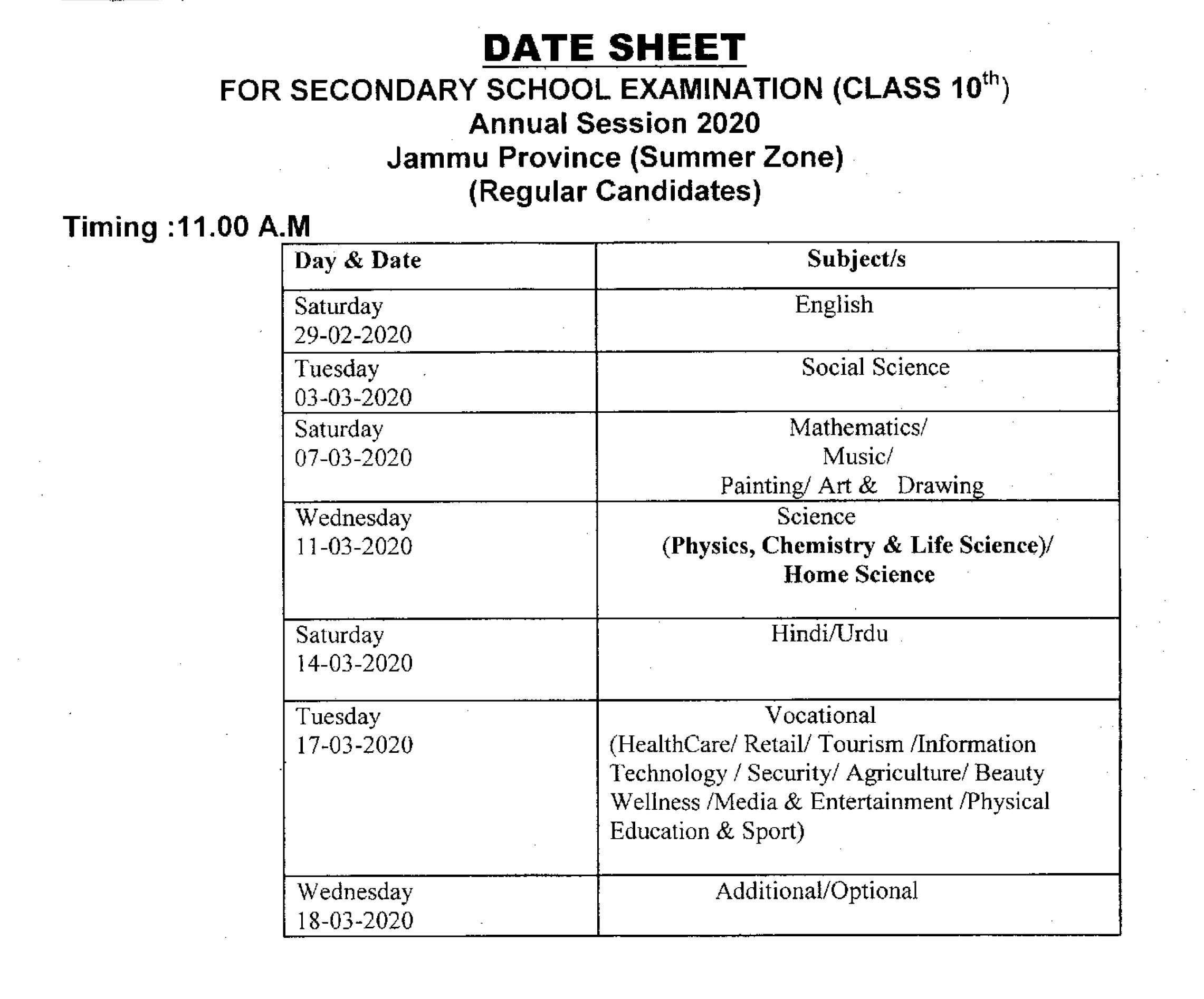 JKBOSE 10th Date Sheet 2020 Jammu Division