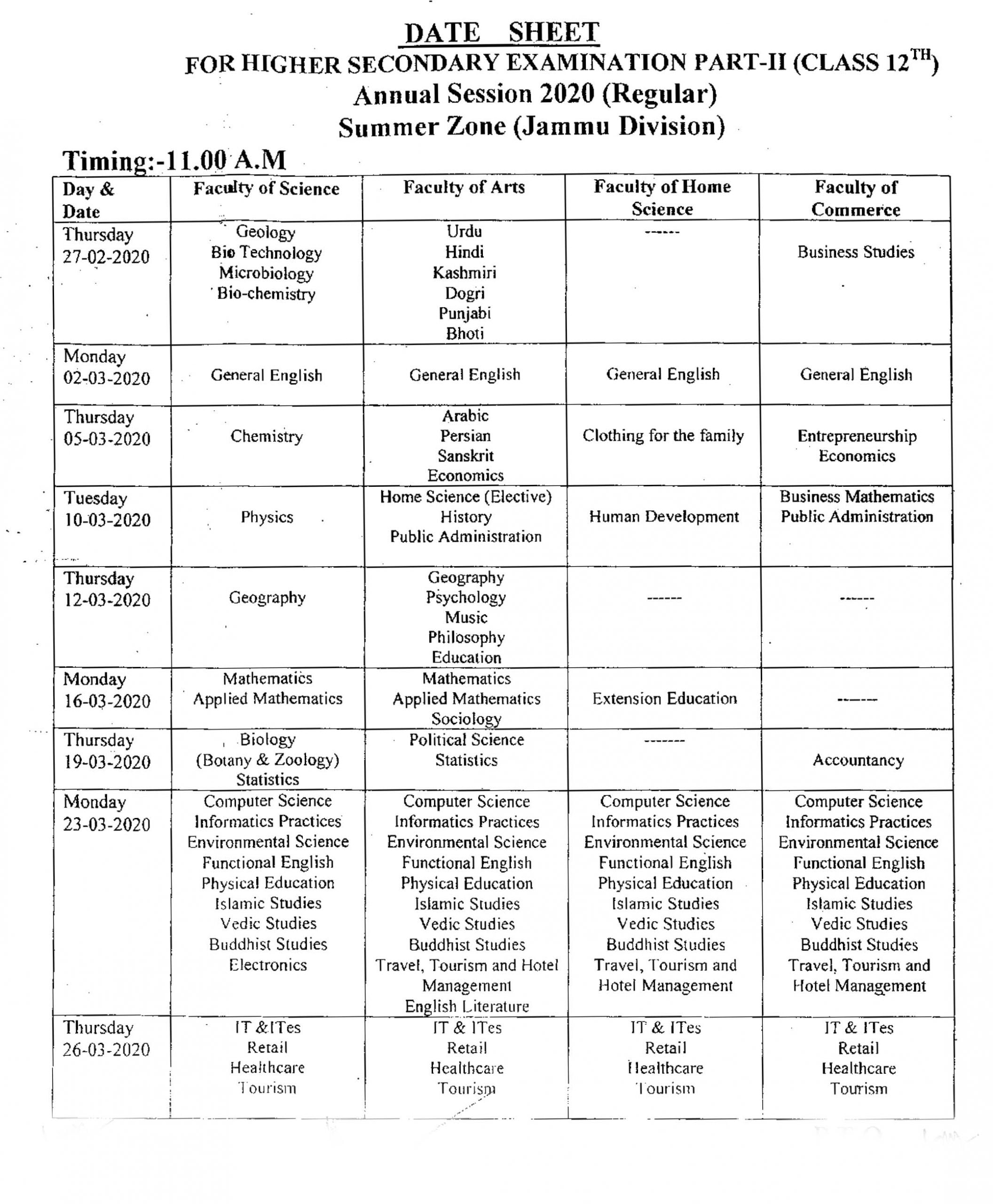 JKBOSE 12th Date Sheet 2020 Jammu Division