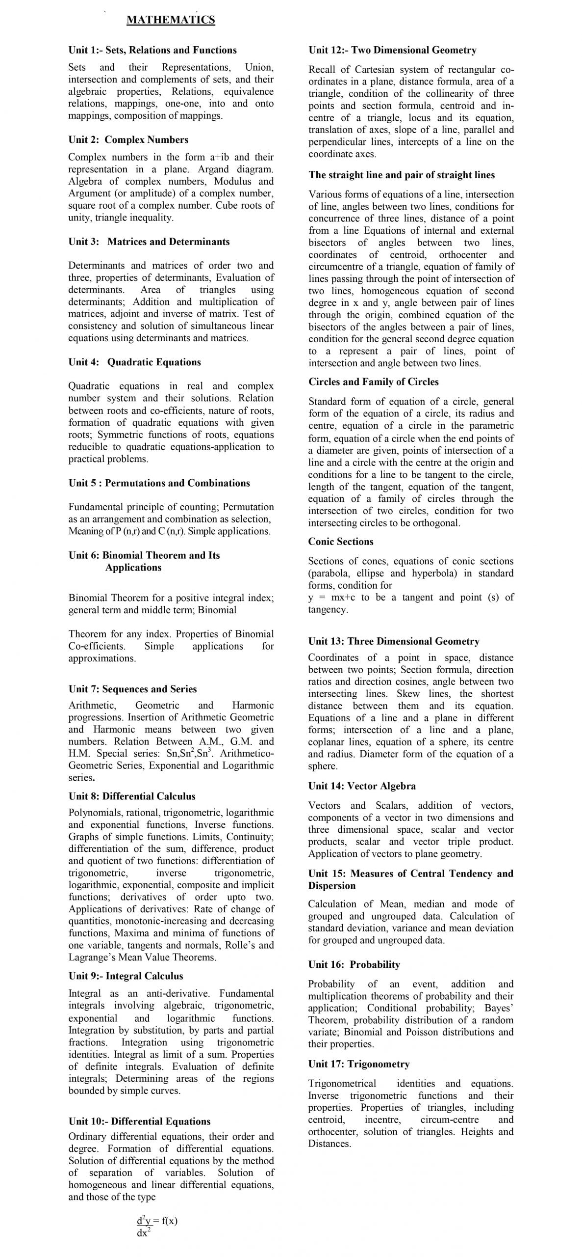 KIITEE Syllabus For Mathematics 2020