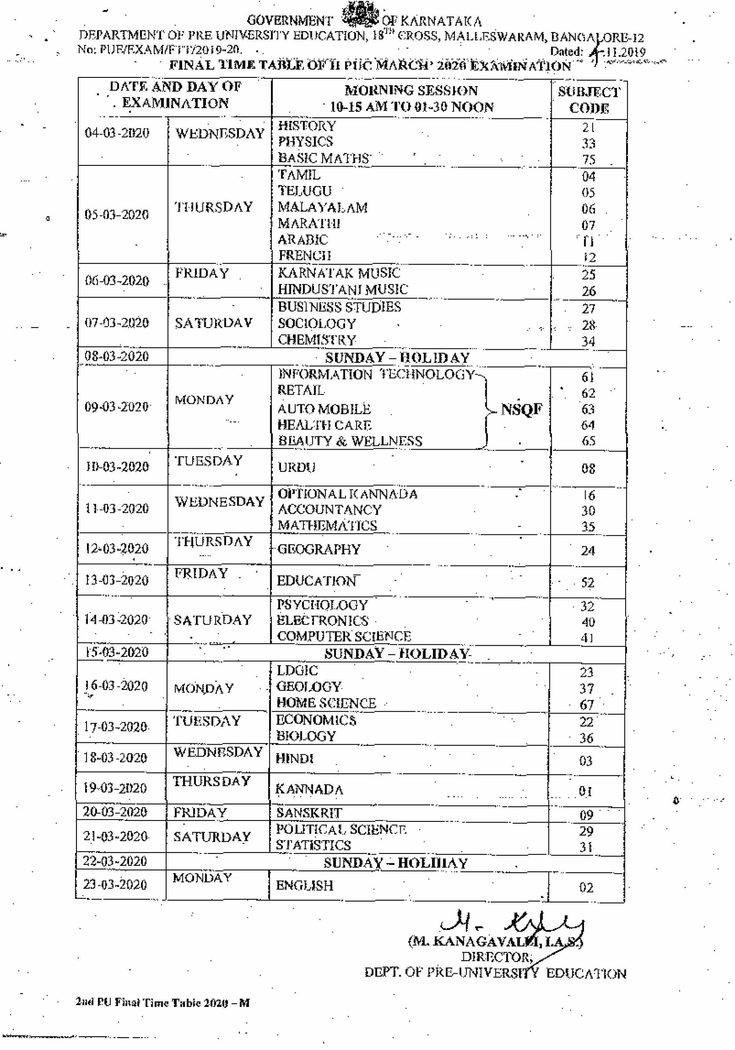 Karnataka 2nd PUC Time Table 2020