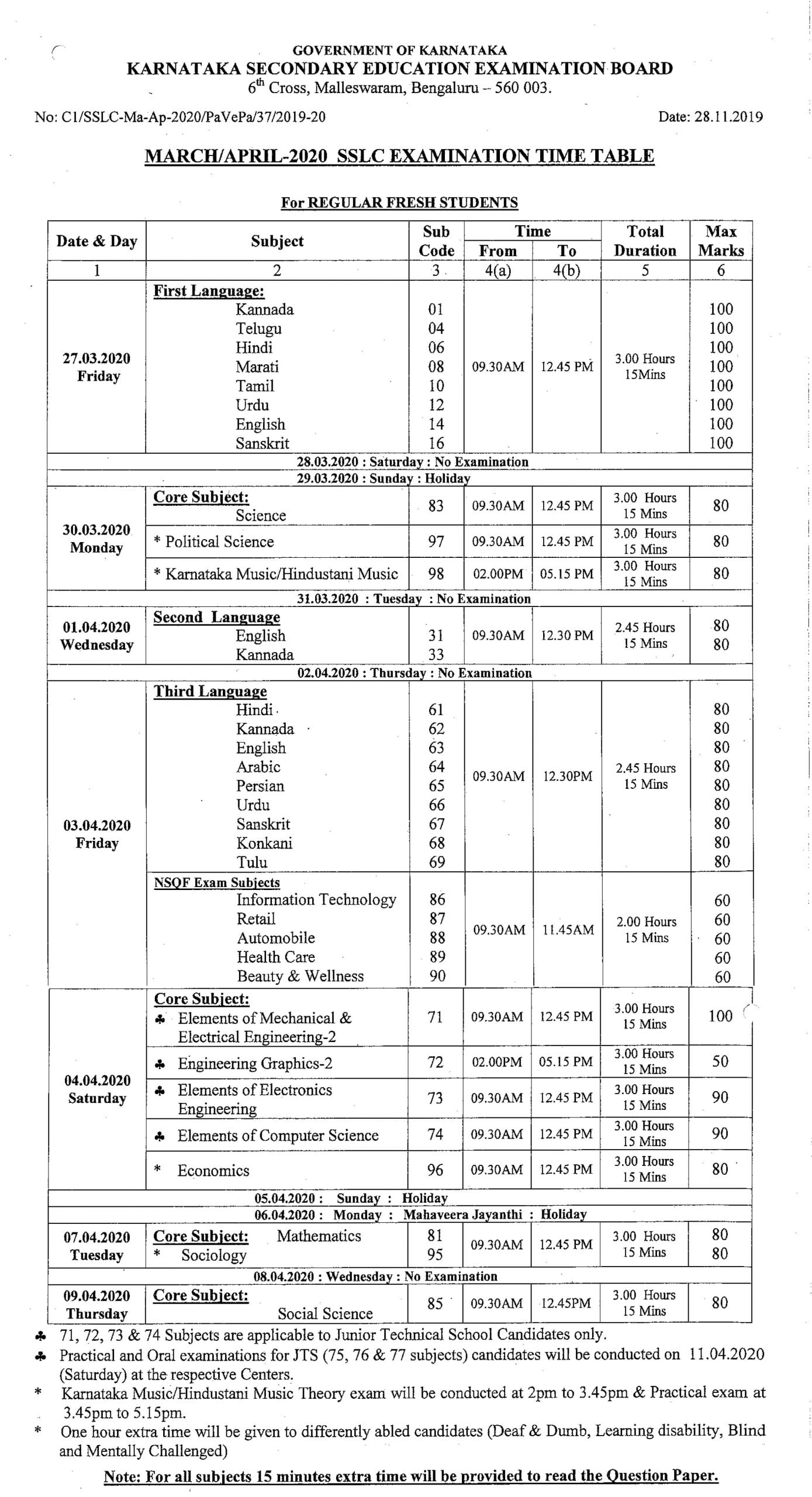 Karnataka Sslc Time Table 2020 Revised Download Kseeb Sslc Time