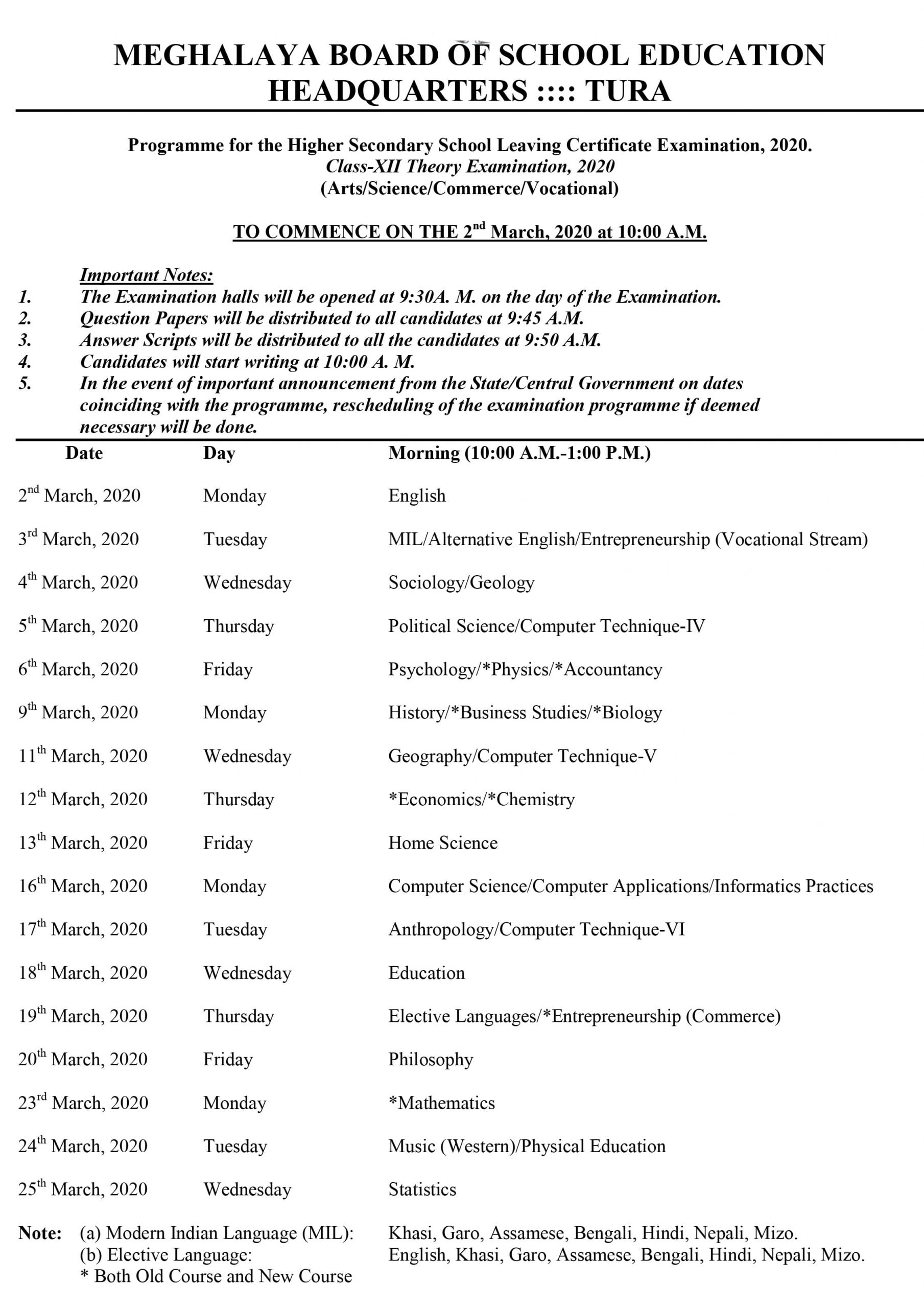 MBOSE HSSLC Routine 2020