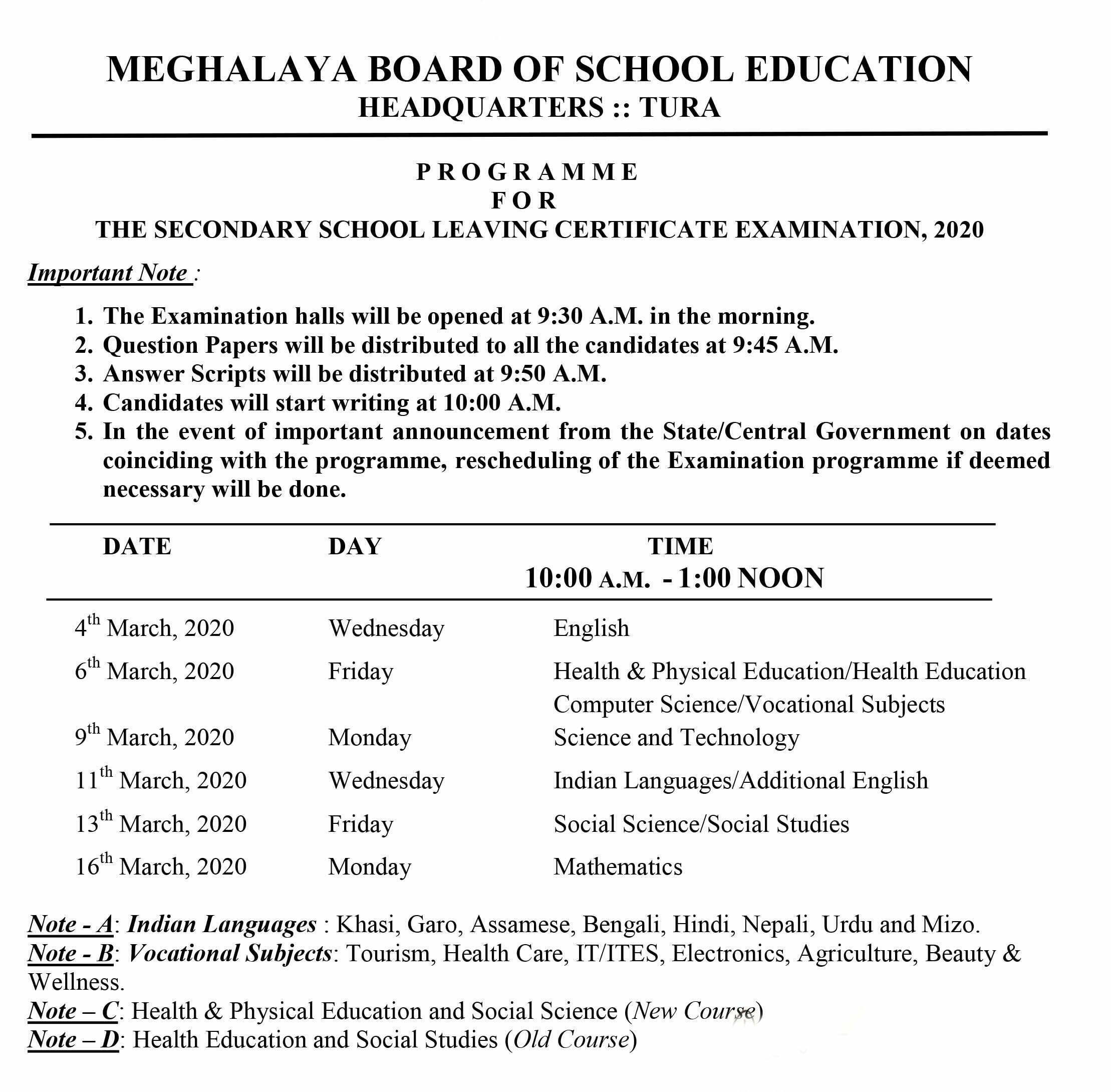 MBOSE SSLC Routine 2020