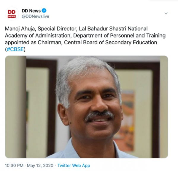 Manoj Ahuja Appointed as New CBSE Chairman
