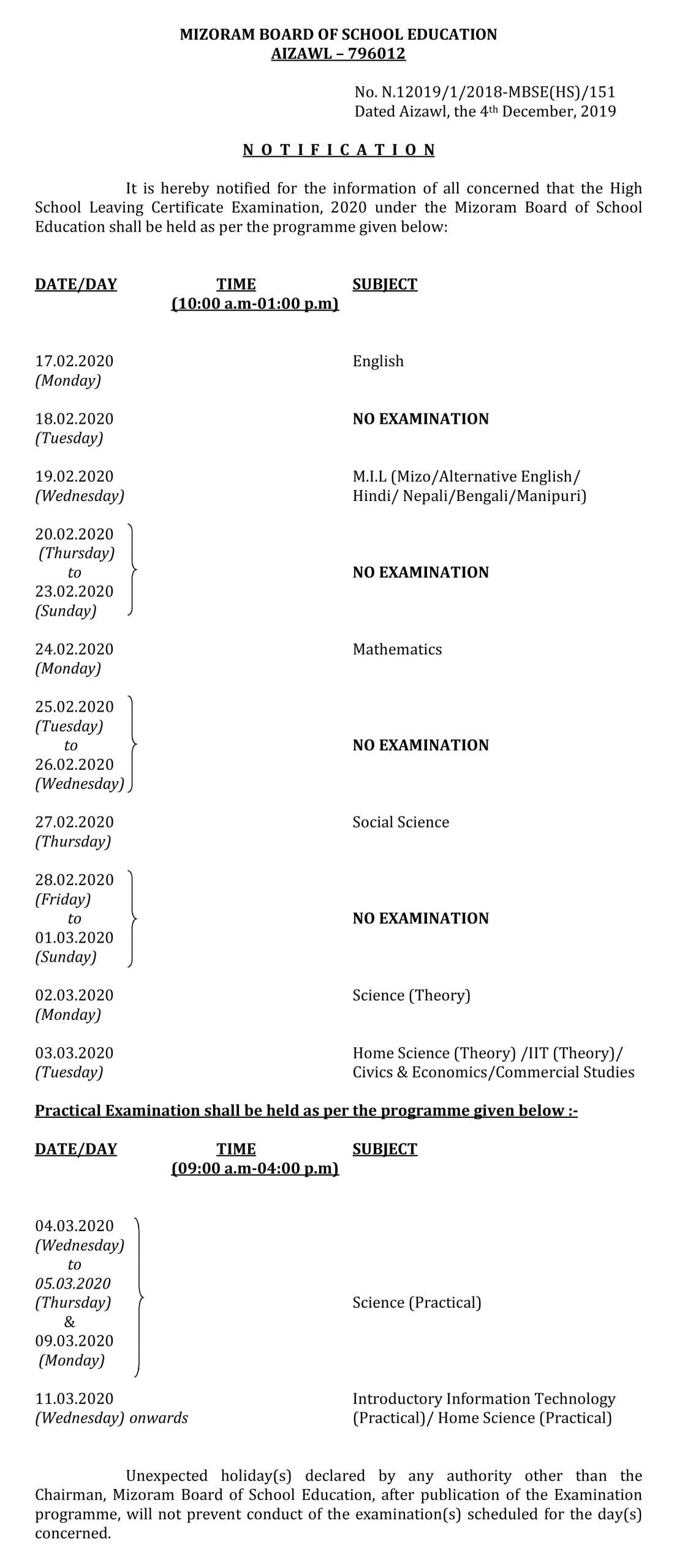 Mizoram HSLC Time Table 2020