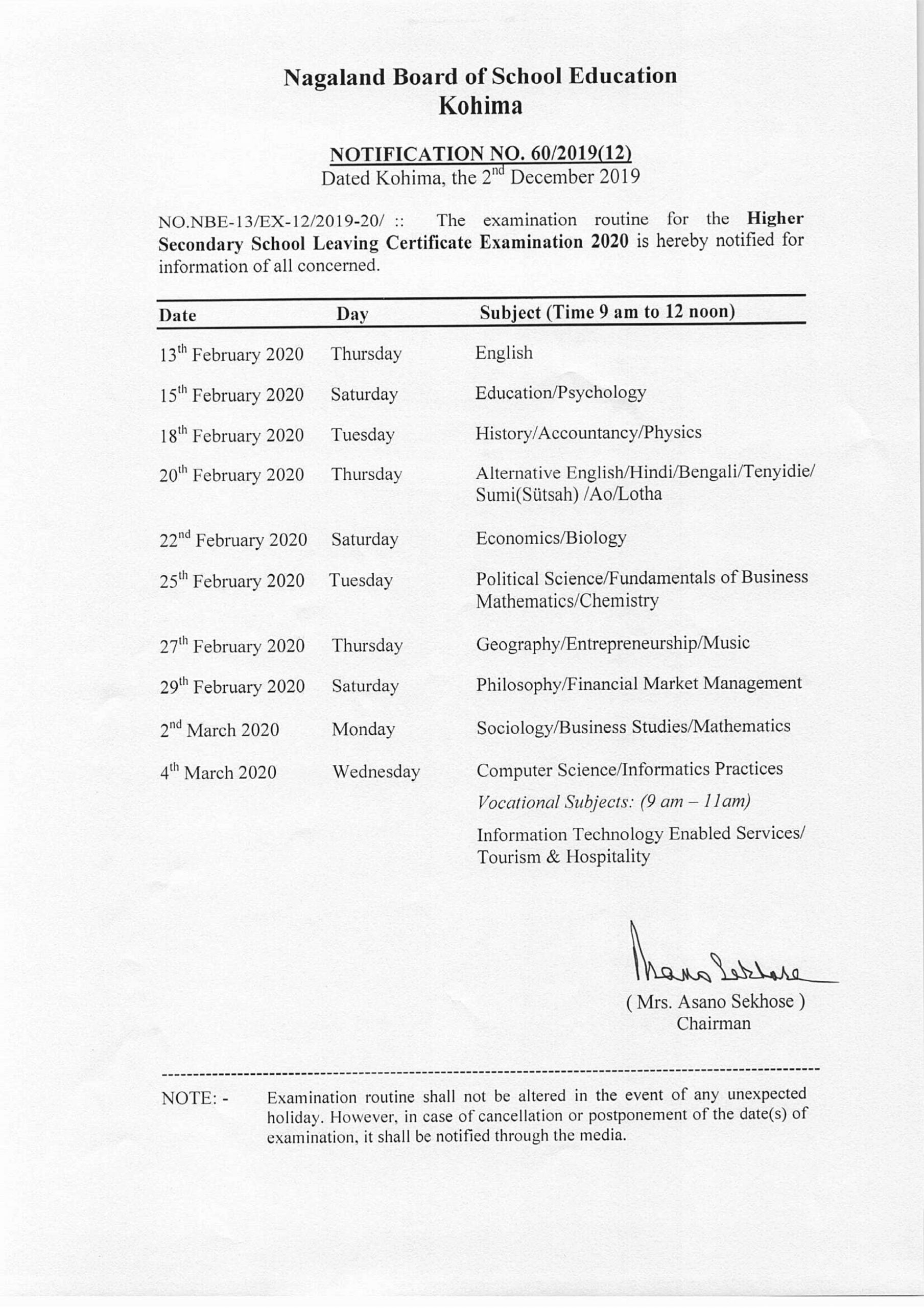 Nagaland HSSLC Routine 2020