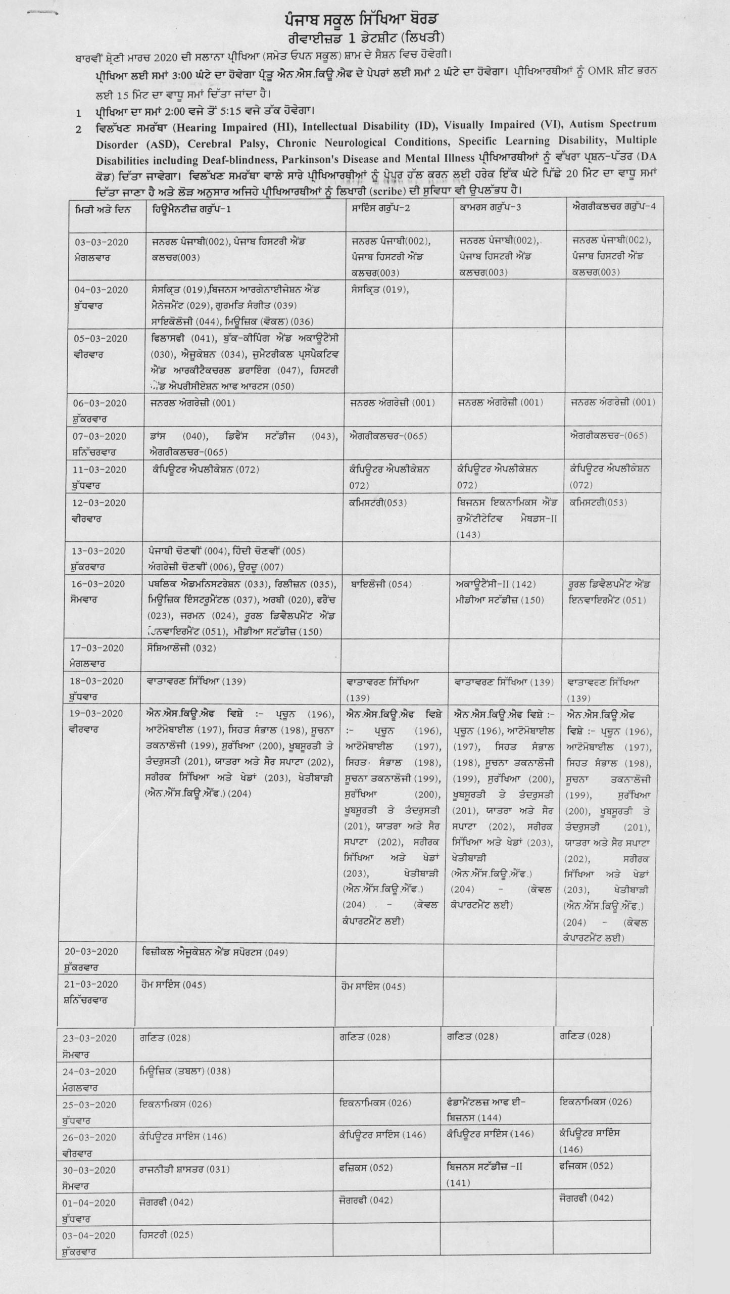 PSEB 12th Date Sheet 2020