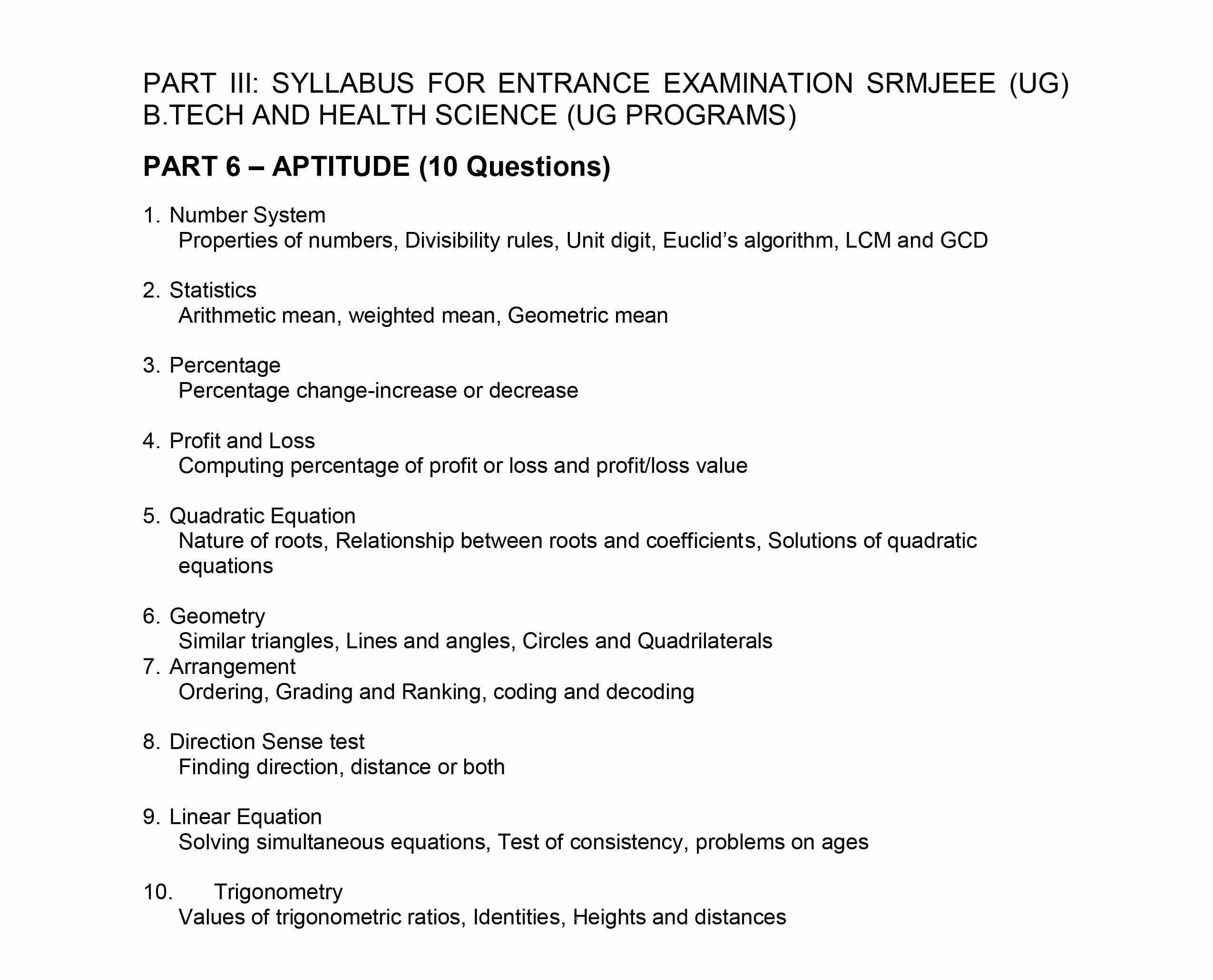 SRMJEEE Aptitude Syllabus 2020