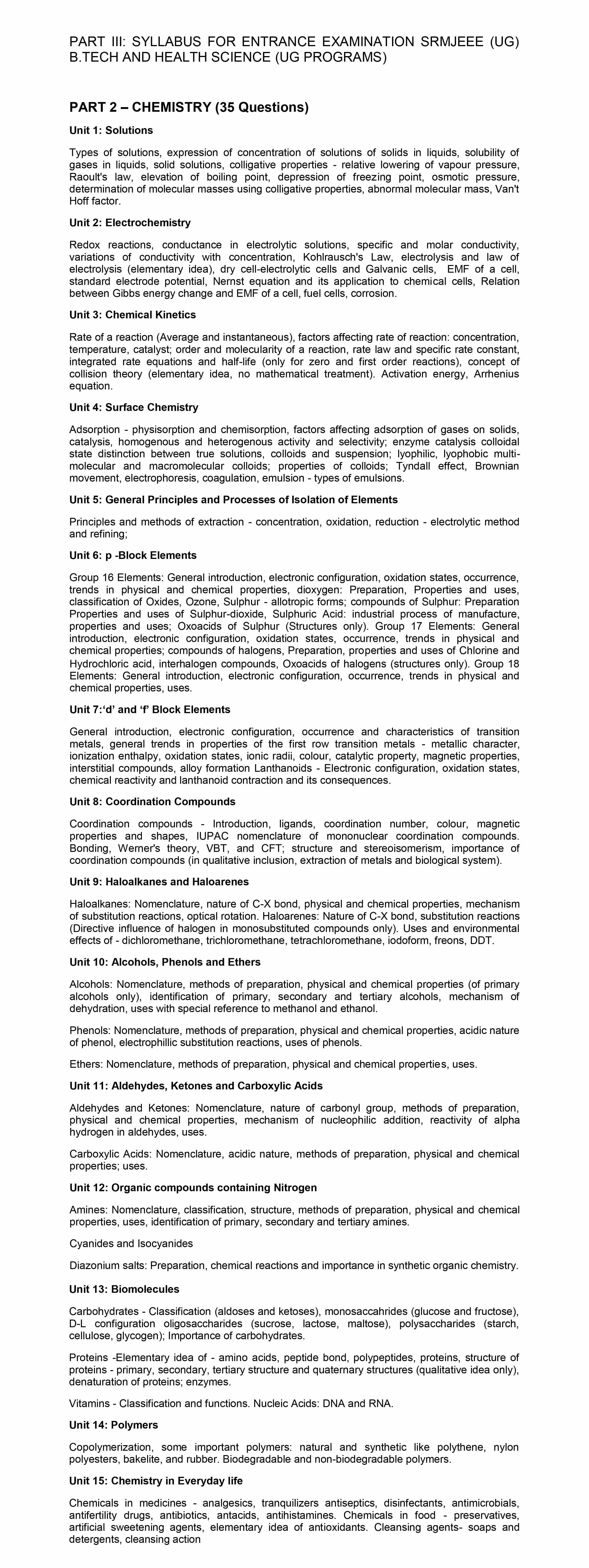 SRMJEEE Chemistry Syllabus 2020