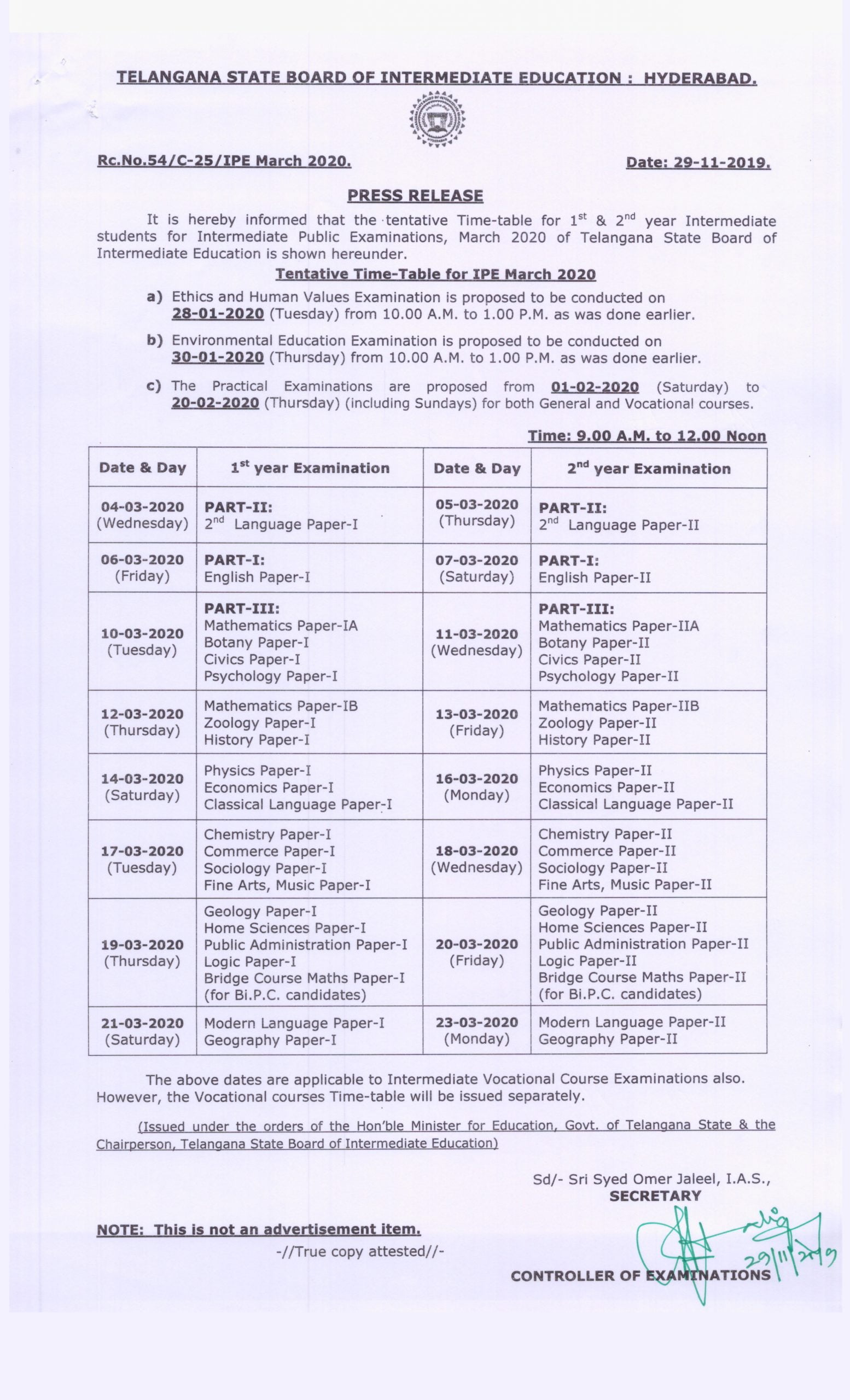 TS Intermediate Time Table 2020