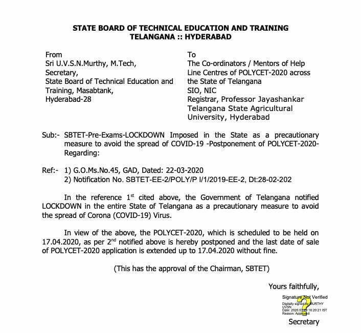 TS POLYCET 2020 Postponed