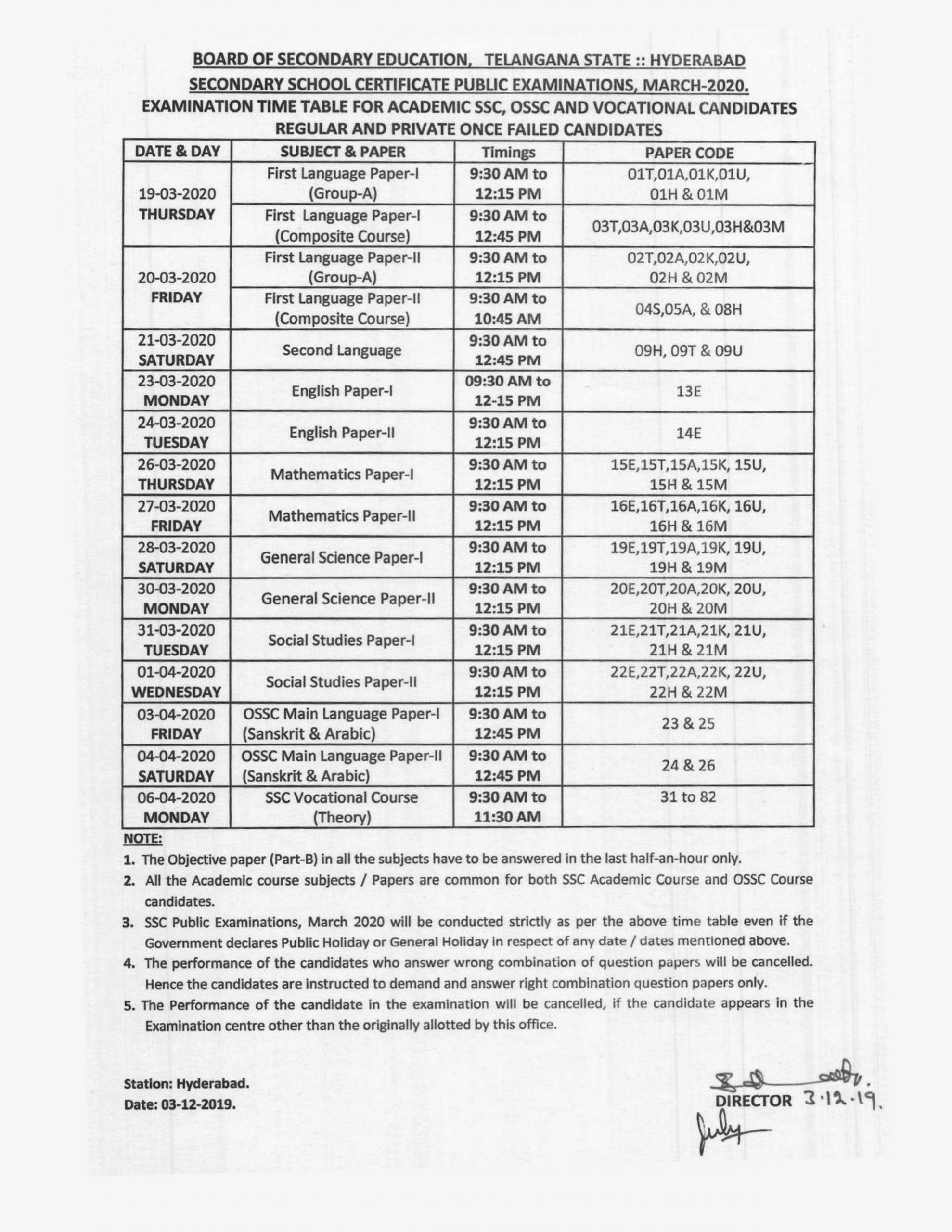 TS SSC Time Table 2020