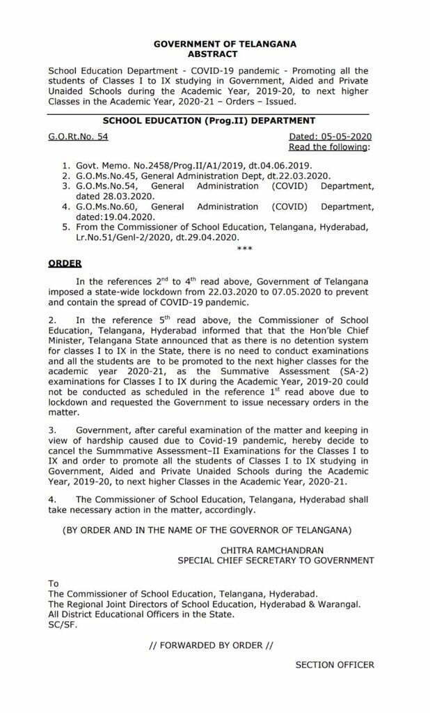 Telangana Govt Issues Orders for Promotion of Class 1 to 9 Students
