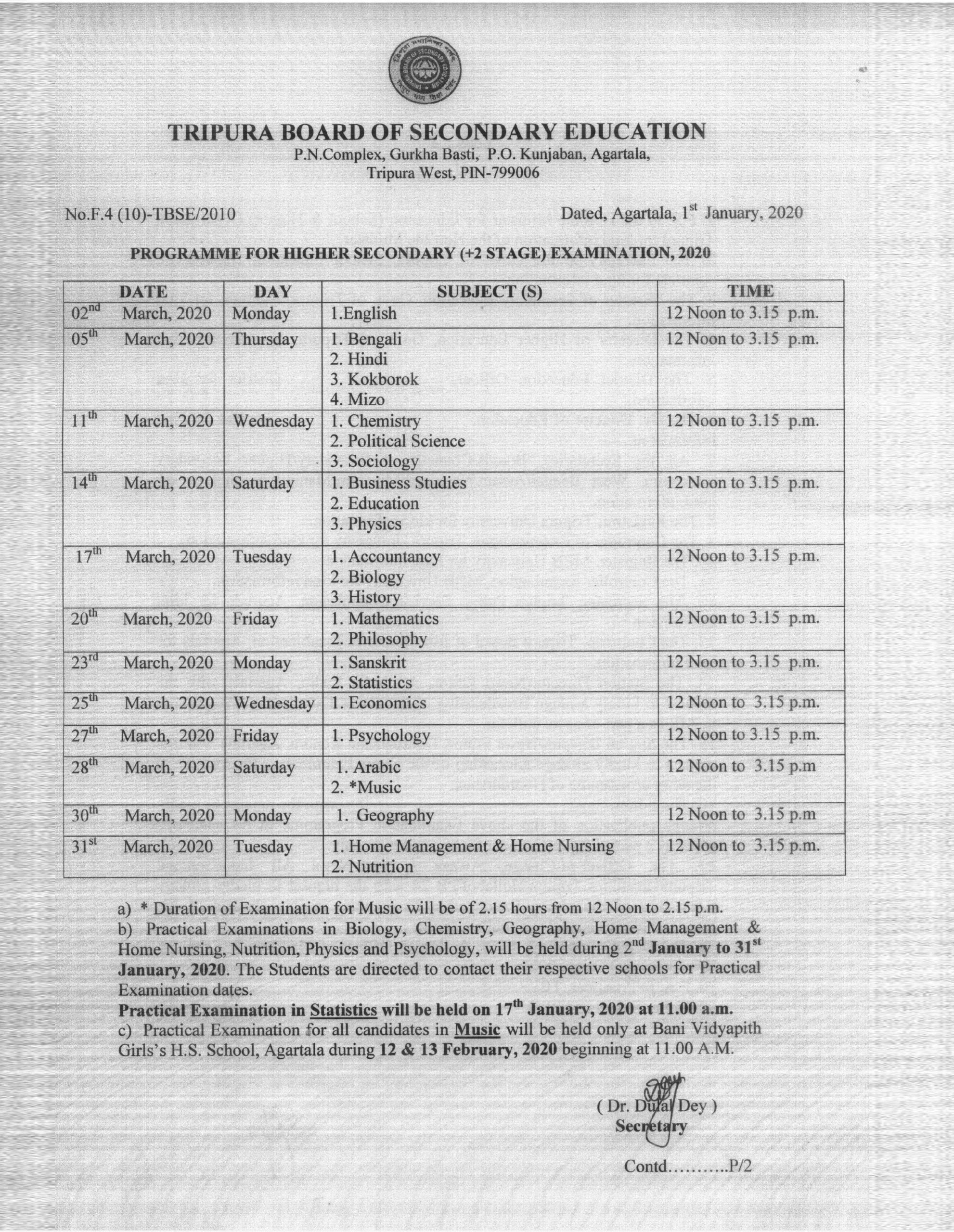 Tripura Board Class 12 Routine 2020