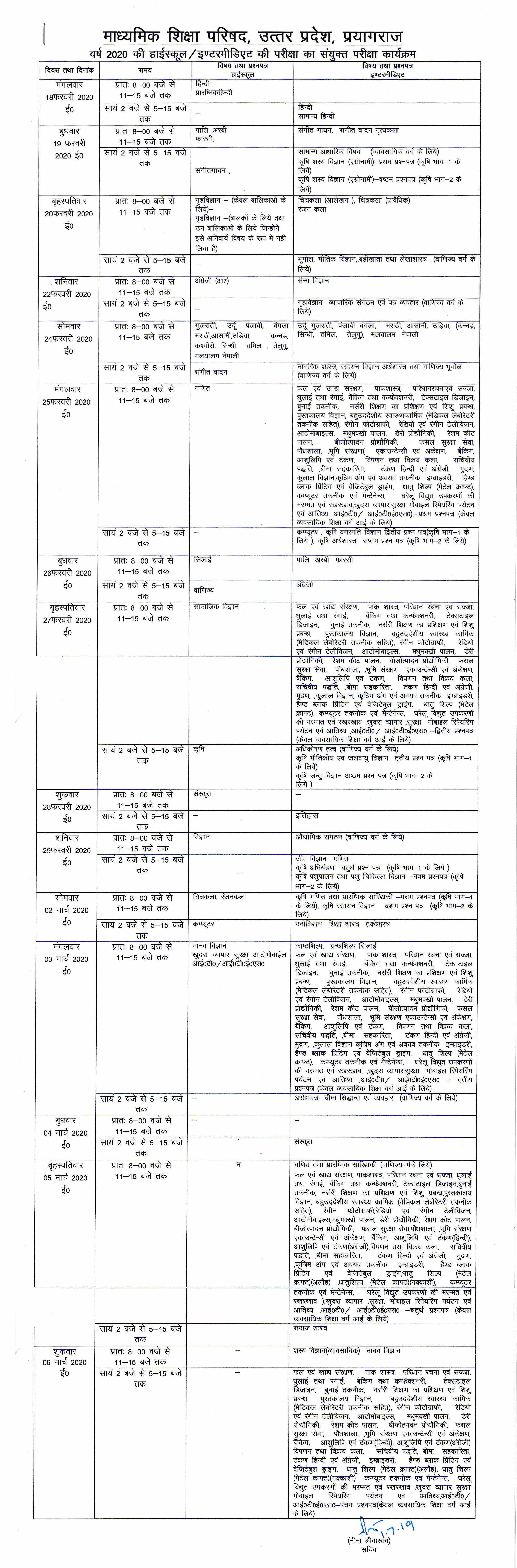 UP Board 10th Time Table