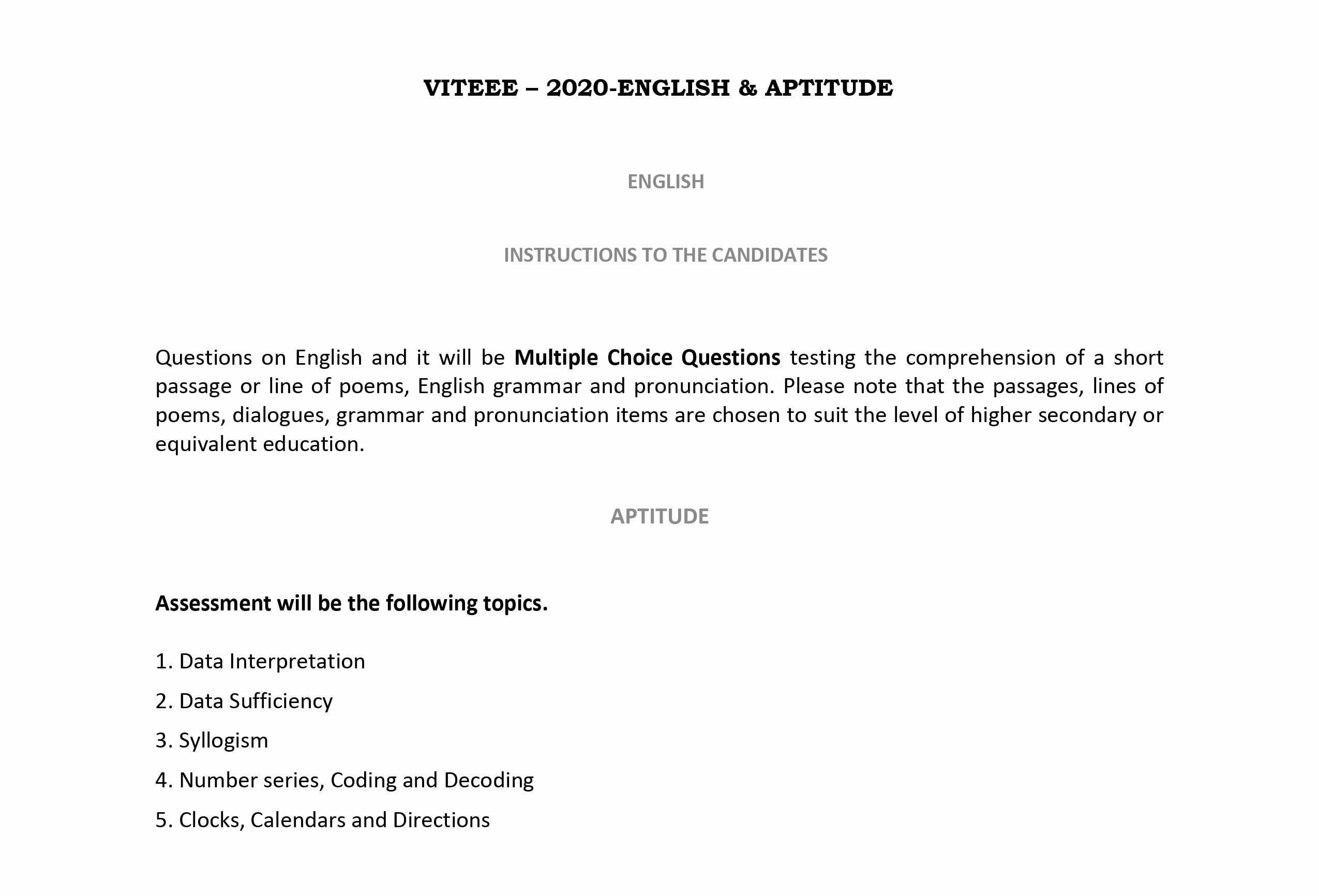 VITEEE 2020 Syllabus for English & Aptitude