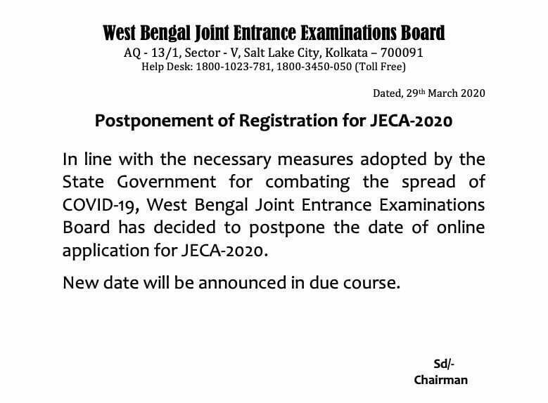 WBJEE Postponed JECA-2020 Registration